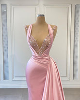 Charming Pink Halter Mermaid Prom Dress - Sleeveless V-Neck Ruffles & Sequins